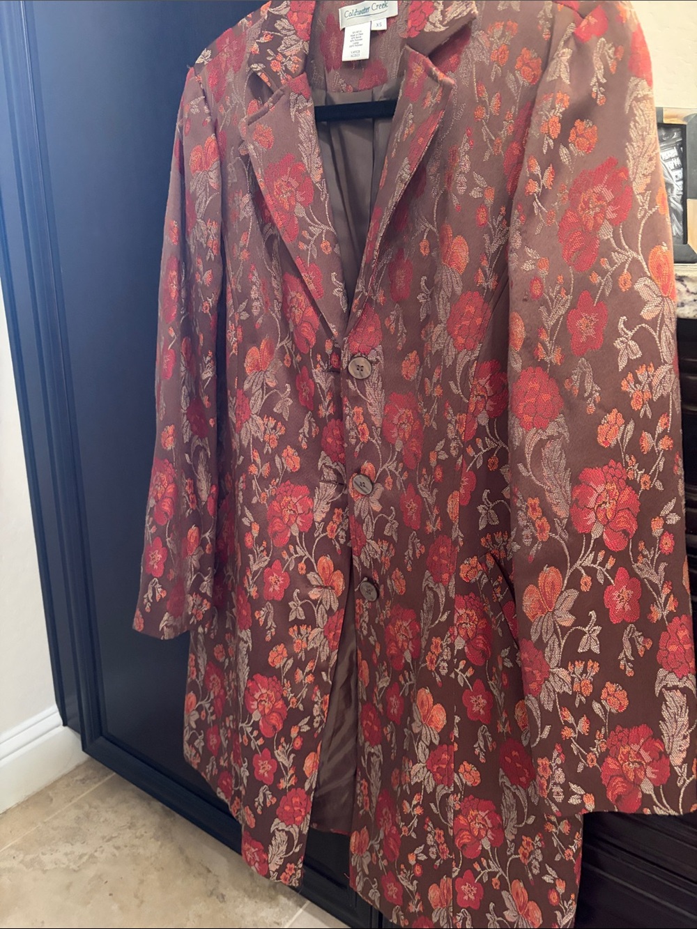 Katherine's Collection Brown Floral Jacquard Trench Coat with Red Accents